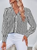 Flowyair Women's Casual Striped Shirts Puff Long Sleeve V Neck Silk Button Down Top Blouses Y-Black