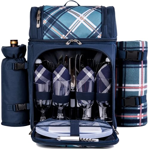 ALLCAMP Picnic Basket Backpack Cooler for 4 Person with 2 Insulated Cooler Compartment, Detachable Bottle/Wine Holder, Fleece Blanket, Plates and Cutlery for Family,Couple and Friend gatherings (Blue)