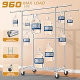 100% Stainless Steel Heavy Duty Clothes Rack Load 960LBS, Three Rods Clothing Racks for Hanging Clothes Extendable, Rolling Garment Rack With Sturdy Wheels Shelves Hooks, Portable Closet Wardrobe Rack