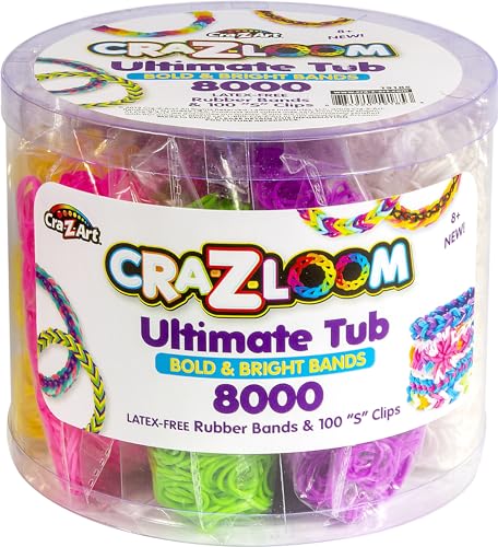 Cra Z Art Cra-Z-Loom Ultimate Tub 8000 Latex Free Rubber Bands and 100 “S” Clips for Making Crafts in Bold and Bright Colors, multi