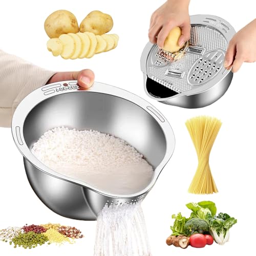 FuPatio Rice Washer Strainer Bowl with Grater, Multipurse Stainless Steel Rice Colander with Side Drainer for Cleaning Quinoa, Fruits, Vegetables, Bean Versatile Kitchen Tool