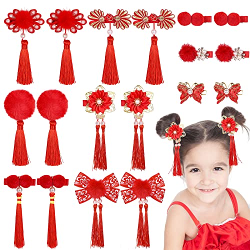 Whaline 9 Pairs Chinese New Year Hair Clip Furry Balls Hair Barrettes Baby Girls Chinese Style Hair Clips with Tassels Red Hairy Bows Butterfly Hair Pins for Girls Spring Festival Hair Accessories