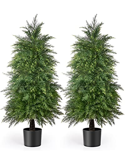 YEMMEN 2 Pack 4ft Artificial Cedar Topiary Trees for Outdoor Front Porch Décor, UV Rated Fake Potted Plants for Indoor and Outdoor Use