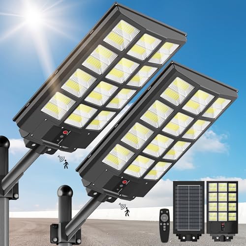 3000W Solar Street Lights Outdoor - 6500K Wide Angle Solar Street Light Motion Sensor, Solar Parking Lot Lights Commercial Dusk to Dawn, Solar Lights Outdoor Waterproof Remote Control for Yard(2 Pack)