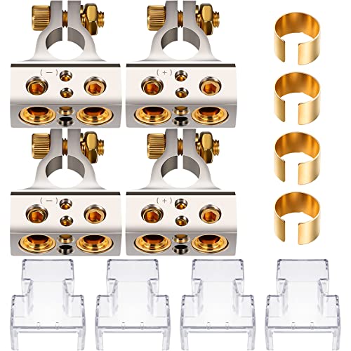 Tallew 2 Pairs Battery Terminal Connectors 0/4/8/10 Gauge Battery Terminal Connectors with Shims and Protective Covers Car Cable Ends Compatible with Cars Vans Trucks and More(Silver, Gold)