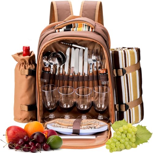 Cididu Picnic Basket Backpack for 4 Person, Bulky Leakproof Picnic Basket Bag with Cutlery Set, Goblet, Fleece Blanket and Napkins, Insulated Cooler Bag for Beach, Camping, Hiking, Travel and BBQs