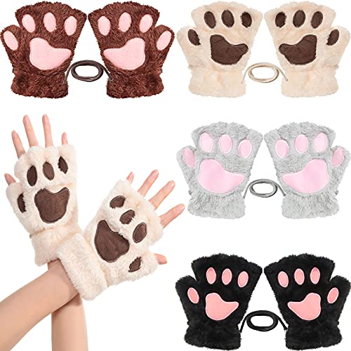 SATINIOR 4 Pairs Fingerless Cat Paw Gloves Mittens Half Finger Paw Gloves Winter Plush Mittens for Kids Adult Costume