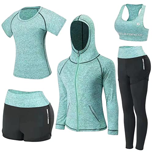 Nesyd Workout Sets for Women 5 Piece Yoga Exercise Fitness Gym Outfits Sport Running Athletic Clothing Set Tracksuits Sportwear Activewear (Green, L)