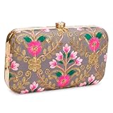 Longing To Buy Hand Crafted Designer Box Clutch, Zari Embroidery For Women (Grey Multicolored-0008)