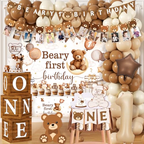 Beary First Birthday Decorations,147pcs Bear Birthday Decorations Brown Bear Birth Day Banner Backdrop High Chair Banner Tablecloth Cake Topper Box Balloon Garland for My 1st birthday Decorations