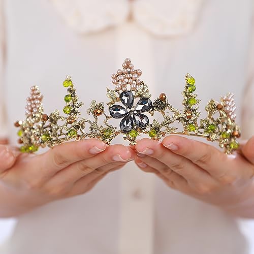 BERYUAN Green Baroque Rhinestone Pearl Headband, Crystal Bride Headpiece for Women Girls, Vintage Queen Flower Hair Accessories, Bridal Hair Accessories for Special Occasions