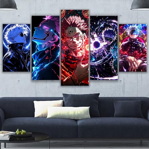 Oil Painting Canvas Framed Art Anime Neon Sukuna Itadori Satoru Gojo Jujutsu Kaisen Set of 5 Ready To Hang (Framed) (59x33inch)