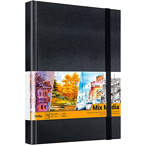 Ohuhu Mix Media Pad - 10"x7.4" Mixed Media Art Sketchbook, 120 lb/200 gsm Heavyweight Papers, 78 Sheets/156 Pages, PU Hardcover Mixed Media Paper Pad for Acrylic Painting Christmas Gift