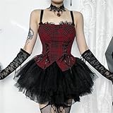 Goth Red Plaid Shirt Women Gohtic Crop Tank Top Black Emo Lace Cami Corset E Girl Punk Shirts Tops for Women