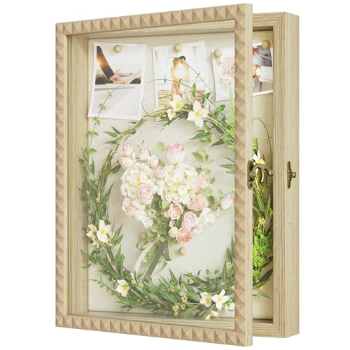 Shadow Box Frame 11x14 Large Shadow Boxes Display Cases with Diamond Shape Door Vintage Lock, SZQINJI Shadow Box for Photos Medals Pet Memorial Graduation Baby Wedding Flower Natural