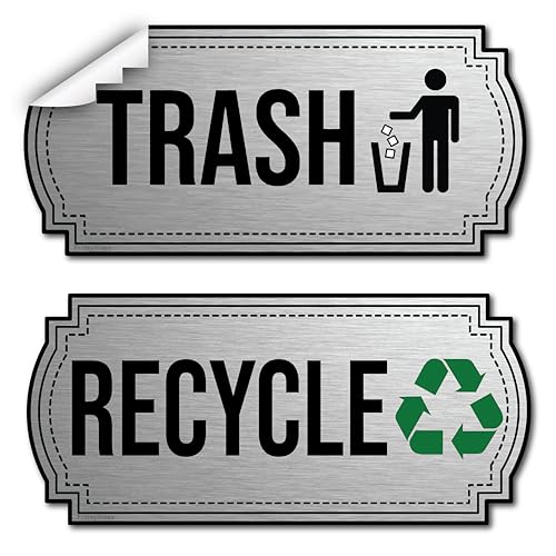 Recycle and Trash Stickers for Trash Cans - Stainless Steel Style Vinyl Recycling Bin Labels - 2 Pack - 6.5" by 3" Decals Logo - Waste Signs for Home Kitchen or Office Bins Indoor/Outdoor Use