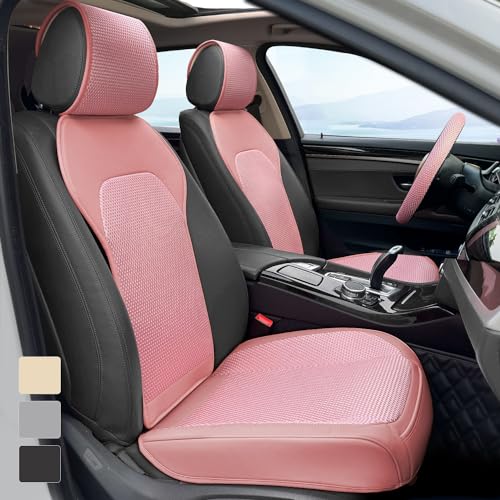 2 Pack Breathable Front Car Seat Covers with Steering Wheel Cover, 3D Ice Silk Fabric and Leather Automotive Car Seat Protectors Four Seasons, Universal Car Seat Cushion for Cars Trucks SUVs (Pink)
