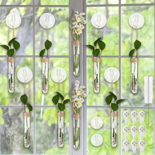 Baderke 9 Pack 5" Plastic Window Propagation Stations Plant Propagation Tubes with Suction Cups & Traceless Nails, Plant Test Tubes with Bottle Brush Clear Wall Hanging Planter Vases Terrarium Gifts