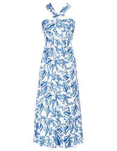 GRACE KARIN Women Crisscross Halterneck Floral Print Maxi Dresses for Summer White Blue XL