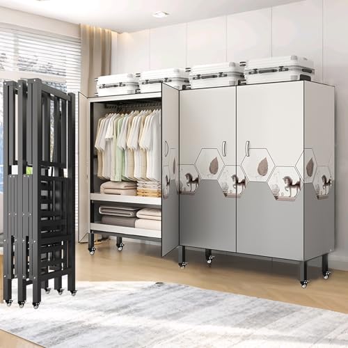 Foldable Heavy Duty Rolling Covered Metal Garment Rack on Lockable Wheels Large Capacity 360°Enclosed Portable Wardrobe Closet for Bedroom Hanging Hanging Clothes (C,Magnetic Door, 180cm/70.9in)