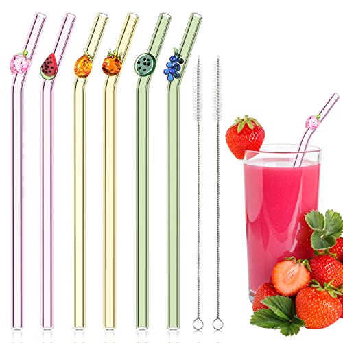 6 Pcs Glass Straws with Design Reusable Cute Fruit Drinking Straws 7.9in x 8mm Colorful Party Favors Decorations with 2 Cleaning Brushes for Summer Beach Birthday(Bent)