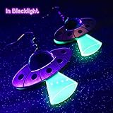 Handmade UFO Nickel Free Flying Saucer Dangle Statement Earrings, Alien Spaceship with Abduction Beam Glows in Blacklight Rave Jewelry