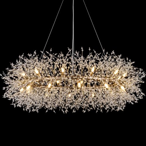Wellmet Gold Crystal Chandeliers Round, 41" Modern Crystal Dining Room Chandeliers Light Fixtures, Large Firework Chandelier Lighting for Master Bedroom Living Room, Pendant Light for Entryway