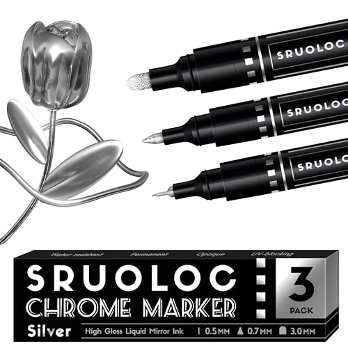 SRUOLOC 3Pcs Liquid Chrome Paint Markers, Oil-based Permanent Chrome Maker, Gloss Mirror Marker Repairing, Reflective Metallic Pen Markers for Touch Up Model Painting DIY Art Projects, Silver