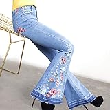 CHARTOU Womens Chic Floral Embroidered High-Rise Bell Bottom Flare Jeans Broad Feet Long Denim Pants (Blue, Large)