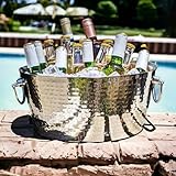 BREKX Hammered Stainless-Steel Beverage Tub, Double-Walled Insulated Anchored Drink Tub & Ice Bucket with Double Hinged Handles, Drink Chiller for Parties, 12 Quarts