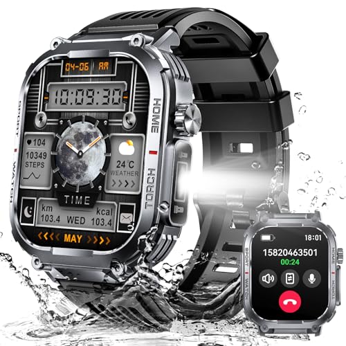 Military Smart Watch for Men 3ATM Waterproof with Call/LED Flashlight 2.02" HD Big Screen Rugged Tactical Smartwatch with Compass Fitness Tracker with HR/SPO2/Blood Pressure Monitor for iPhone Android