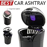 TAKAVU Car Ashtray (1-Pack), Easy Clean Up Detachable Stainless Car Ashtray with Lid Blue Led Light and Removable Lighter for Most Car Cup Holder (Silver)