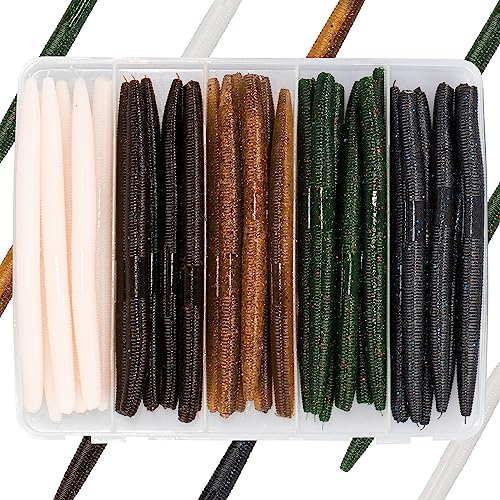 Bombrooster Fishing Soft Plastic Lures, 5 Inch Rubber Fishing Worms, Salt Impreatation Senko Worms for Bass Fishing (30 Pack)