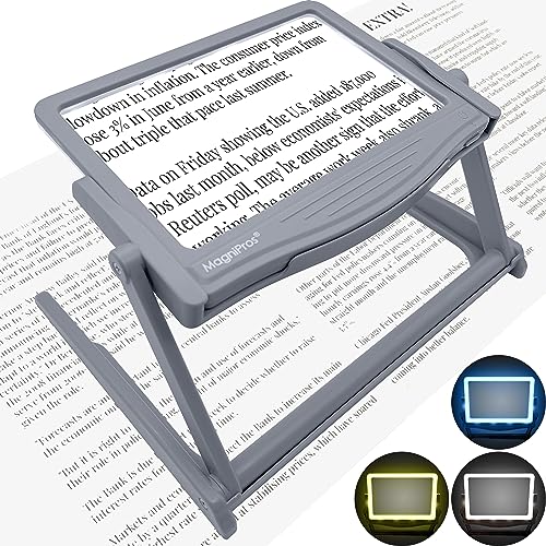 MAGNIPROS 5X LED Page Magnifier with Stand, Hands-Free Reading Magnifying Glass for Seniors & Low Vision | 3 Light Modes for Eye Strain Relief- Perfect for Fine Print, Crafts, and Hobbies