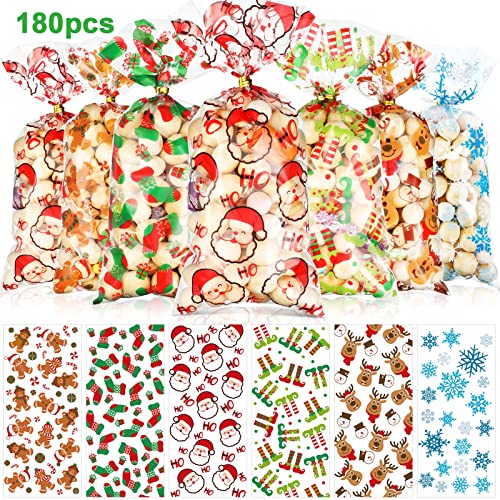Blulu 180 Christmas Party Bags - Xmas Santa Cellophane Plastic Candy Bags with 200 Gold and Silver Twist Ties for Holiday, Winter Party (6 Patterns)