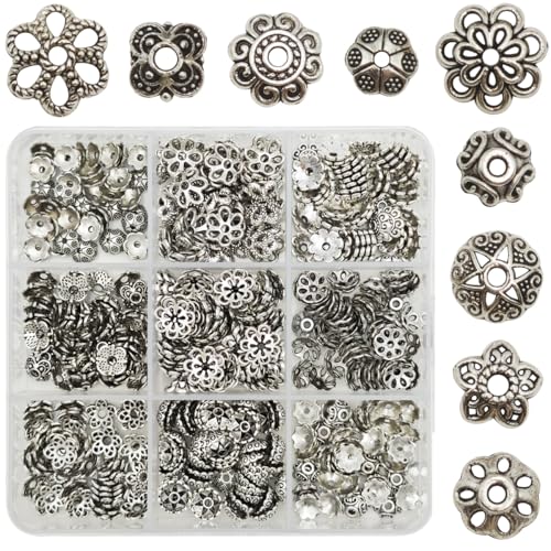 INSPIRELLE 450 Pieces Antique Silver Bead Caps Metal Alloy Filigree Flower Cup Shape Bead for Bracelet Necklace Earring Jewelry Making