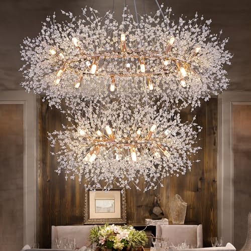 Wellmet Firework Chandelier 2 Tier 38 inch, Modern Crystal Chandelier Gold Dandelion Light Fixture, Mid Century Round Ceiling Lighting for Dining Room, Foyer, Living Room, Bedroom, Hallway, Entryway