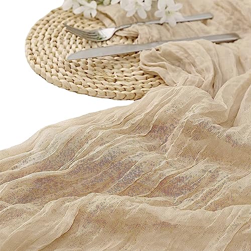 BEELIFY 2 Pack 10 Ft Cheesecloth Table Runner Beige Gauze Long Table Runners Boho Gauze Cheese Cloth Table Runner Rustic Sheer Runner for Wedding Party Table Decor ( 35 x 120 Inch )