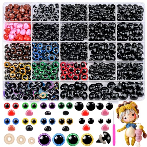 Fulasiteu 1100PCS Safety Eyes and Noses, Amigurumi Safety Eyes for Crocheting, Colorful Doll Crochet Eyes with Washers for Plush Animal, Crochet Toy, Stuffed Doll and Teddy Bear (Various Sizes)