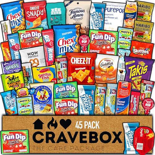 CRAVEBOX Snack Box (45 Count) Father's Day Variety Pack Gift Care Package Basket Adult Kid Guy Girl Women Men Birthday College Student Office Back to School