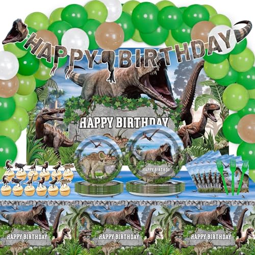 189 Pcs Dinosaur Birthday Party Supplies Set Dinosaur Party Decorations Kit Dinosaur Plates for Birthday Party Includes 24 Guests Tablecloth Backdrop Banners Cake Topper Baby Shower Kids Party Favors
