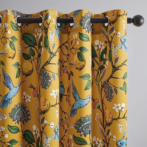 Topfinel Mustard Yellow Vintage Curtains & Drapes 84 Inches Long, Grommet Luxury Whimsical Floral Lemon Hummingbird Patterned Waverly Mid Century Colorful Blackout Drapes for Living Room Bedroom