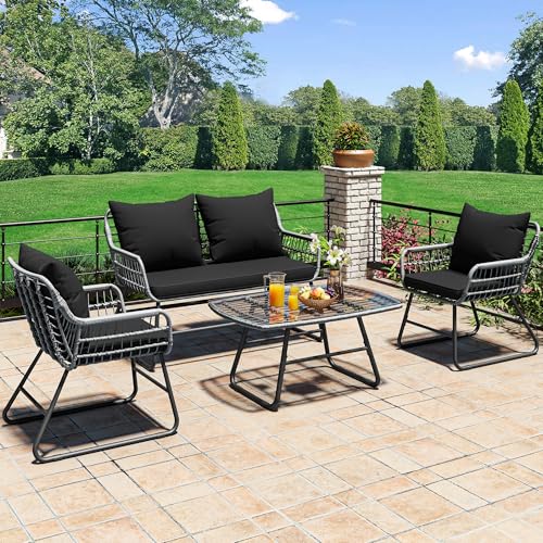 YITAHOME 4-Piece Patio Furniture Wicker Outdoor Bistro Set, All-Weather Rattan Conversation Loveseat Chairs for Backyard, Balcony and Deck with Soft Cushions and Metal Table, Gray+Black