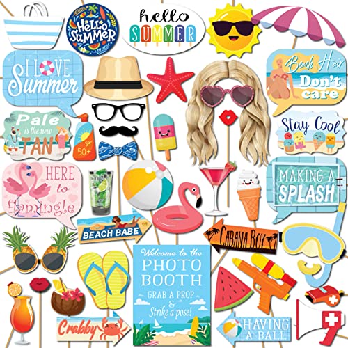 Summer Photo Booth Props - 41 Pieces with Signs, Adhesive Pads, Sticks - Pool Party & Beach Theme Props