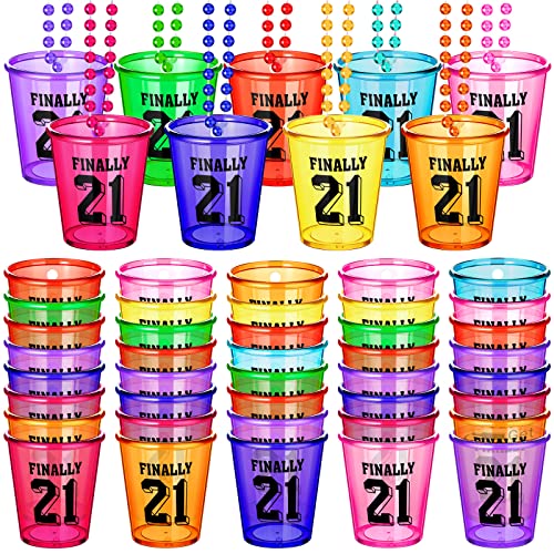 Janmercy 27 Pieces 21st Birthday Shot Glass Necklace Cups Shot Glass on Beaded Necklace Plastic Party Colorful Drinking Cups for Adults Birthday Party Supplies Favors, 9 Colors