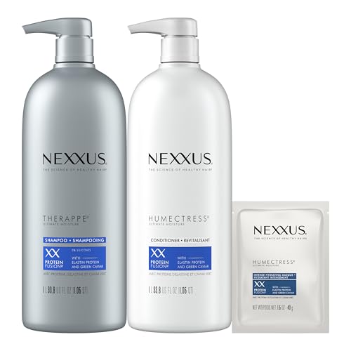 Nexxus Shampoo and Conditioner and 3 Hair Treatment Masks Therappe Humectress 5 Pack for Dry Hair Silicone-Free, Moisturizing Caviar Complex and Elastin Protein 33.8 oz & 1.5 oz