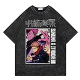 Men's Vintage Wash Anime Pattern Shirt Summer Casual Hip Hop T-Shirt Street Clothing Harajuku Top T-Shirt Y2K Top (Black 10,L,Large)