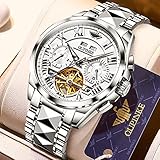 OUPINKE Watches for Men Automatic Skeleton Mechanical Luxury Cratch-Resistant Sapphire Mirror Tungsten Steel Strap Luminous Waterproof Calendar Wrist Watch Silver White