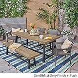 Great Deal Furniture GDFStudio Outdoor 6 Piece Dining Set with Stacking Wicker Chairs and Bench, Sandblast Gray and Black