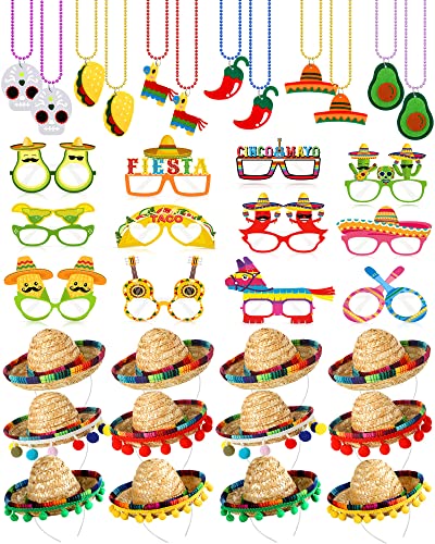 Yunsailing 36 Pcs Fiesta Party Supplies Fabric Straw Sombrero Headbands Necklaces Eyeglasses for Mexican Party(Modern Style)